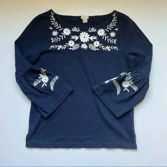 J. Crew Embroidered Bell Sleeve Top Navy White Floral Size Small - Picture 2 of 8